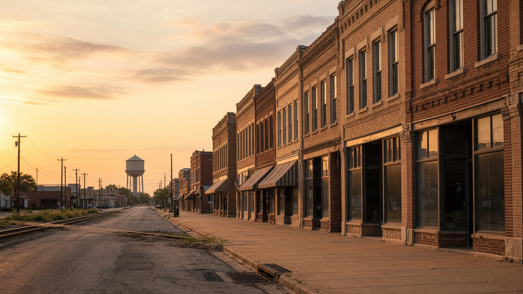 Brick storefronts in a railroad town at golden hour