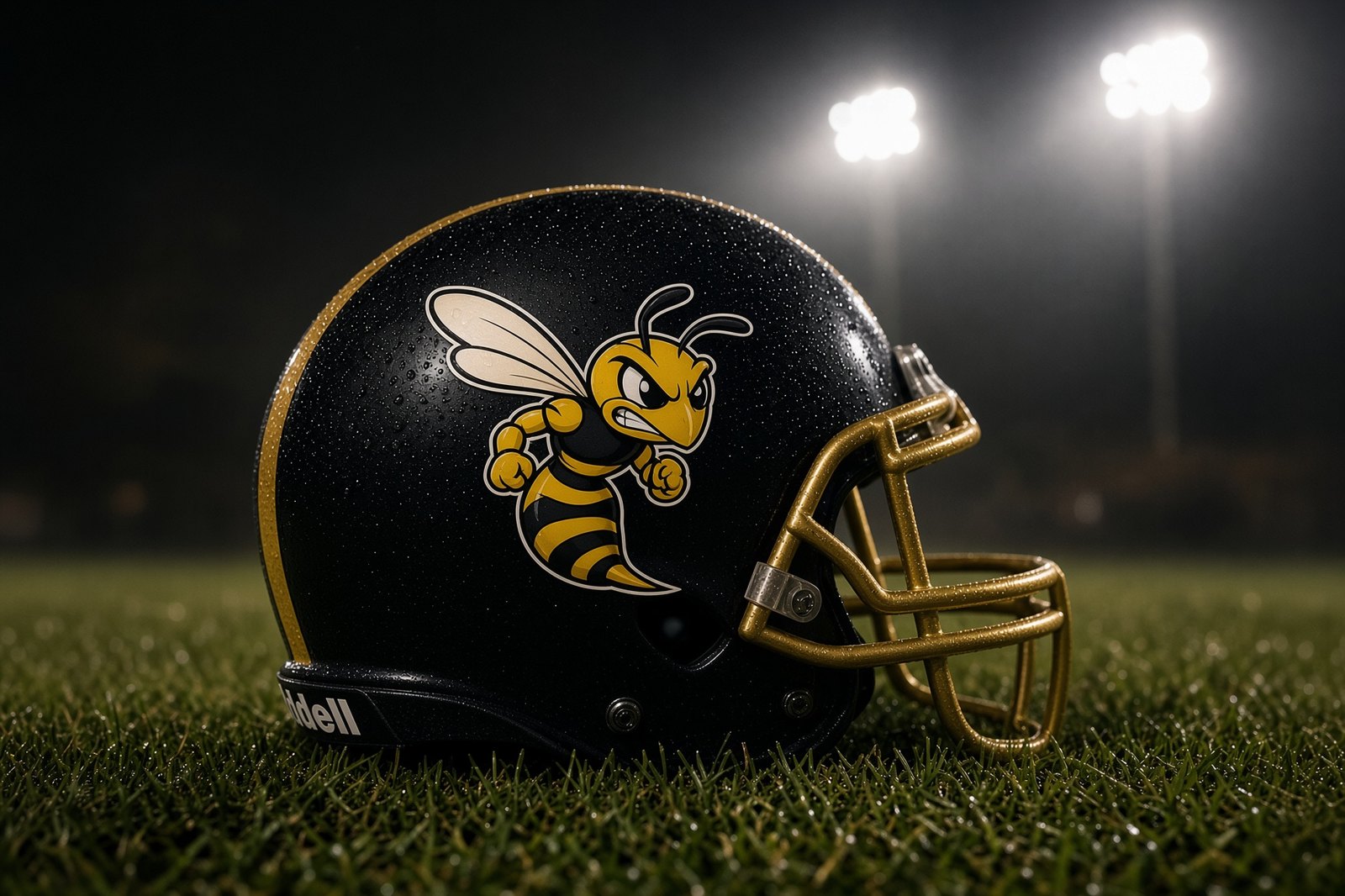 A black football helmet with a gold yellowjacket mascot on the grass at night
