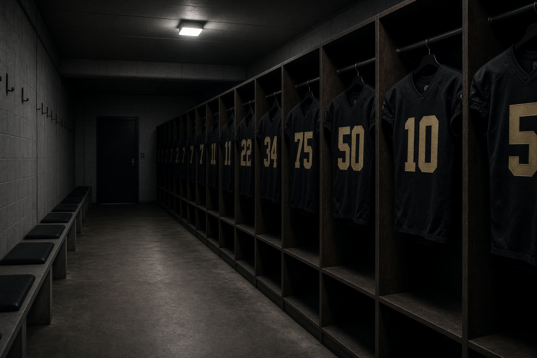 Black jerseys with gold numbers hanging in an empty locker room