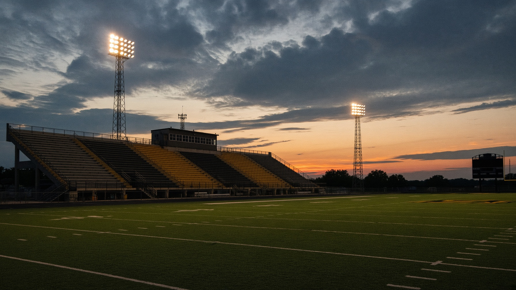Munson-style high school stadium at dusk with the lights coming on